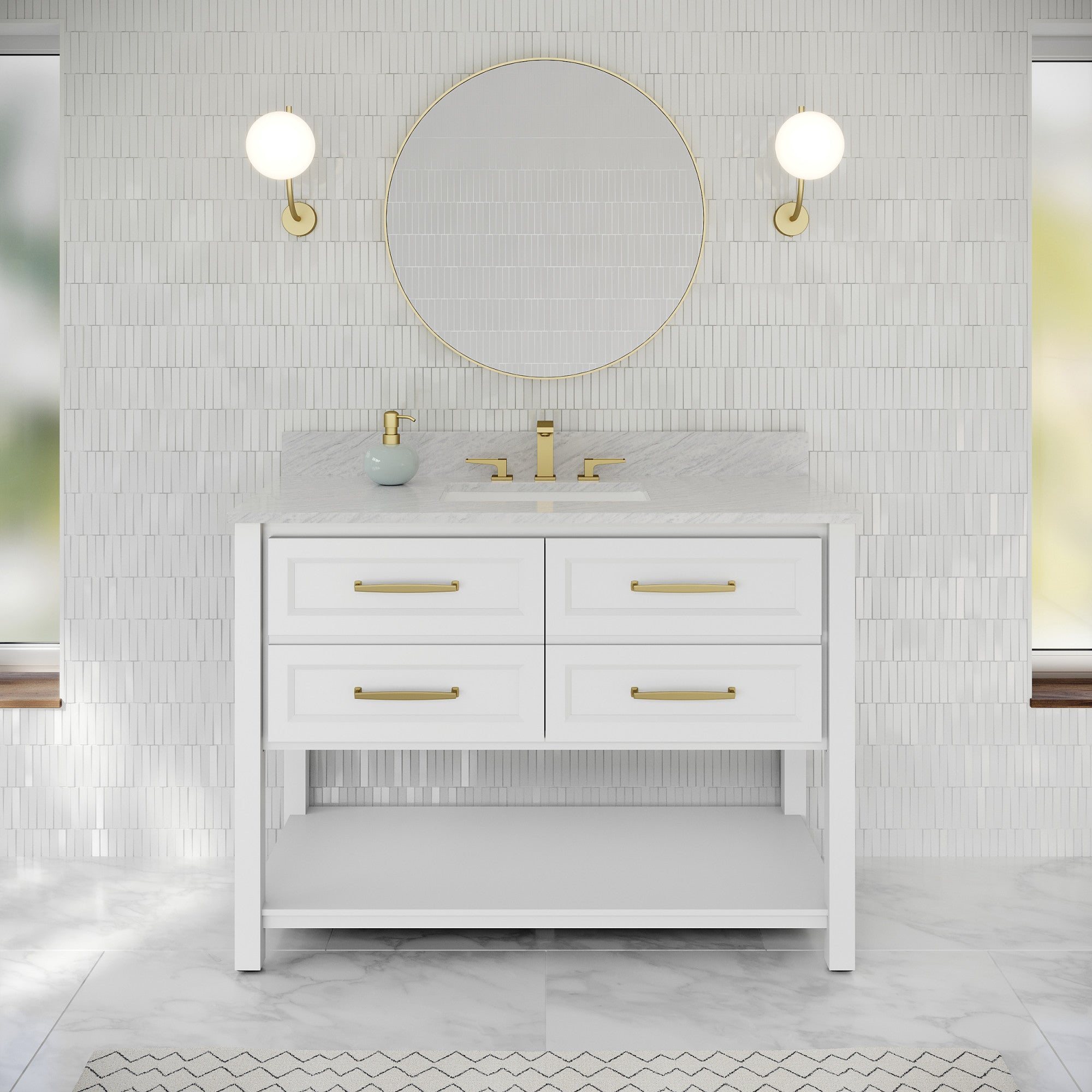 Jeffrey Alexander VKITKIP48WHWCR Kipling 49" White Single Sink Bathroom Vanity with White Carrara Marble Top - Single-Hole Faucet Top