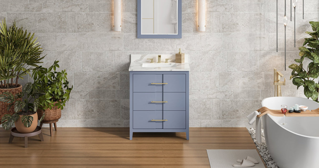Jeffrey Alexander VKITKAT30BSCQR Katara 30" Blue Steel Single Sink Bathroom Vanity with Calacatta Vienna Quartz Top - 8 in. Widespread Faucet Top