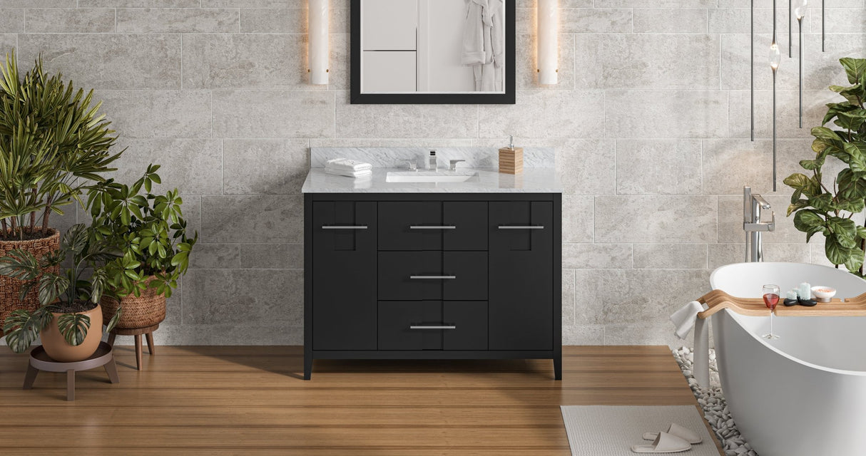 Jeffrey Alexander VKITKAT48BKWCR Katara 48" Black Single Sink Bathroom Vanity with White Carrara Marble Top - 8 in. Widespread Faucet Top