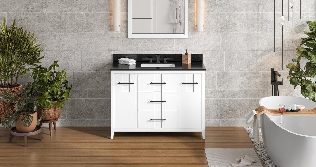 Jeffrey Alexander VKITKAT48WHBGR Katara 48" White Single Sink Bathroom Vanity with Black Granite Top - 8 in. Widespread Faucet Top
