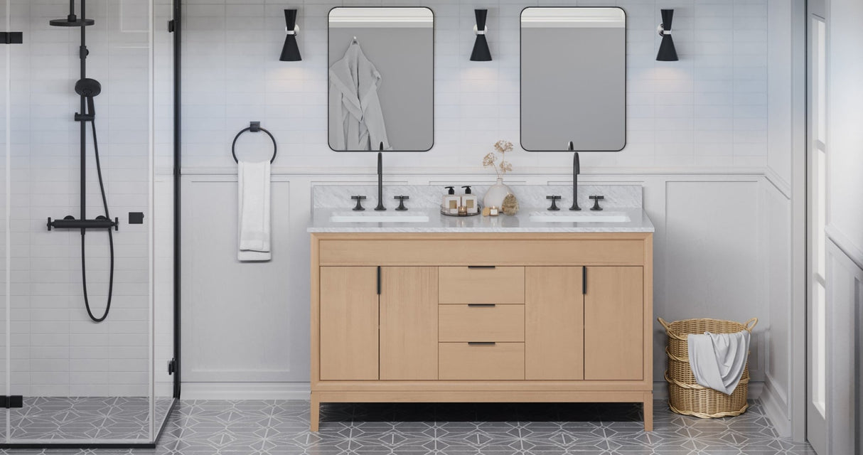 Jeffrey Alexander VKITTHE60NOWCR Theodora 60" Natural Oak Double Sink Bathroom Vanity with White Carrara Marble Top - 8 in. Widespread Faucet Top