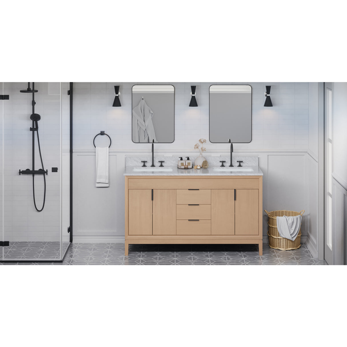 Jeffrey Alexander VKITTHE60NOWCR Theodora 60" Natural Oak Double Sink Bathroom Vanity with White Carrara Marble Top - 8 in. Widespread Faucet Top