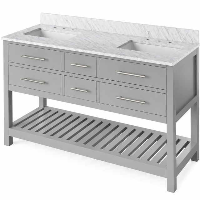 Jeffrey Alexander Wavecrest 60" Grey Double Sink Bathroom Vanity with White Carrara Marble Top - 8 in. Widespread Faucet Top