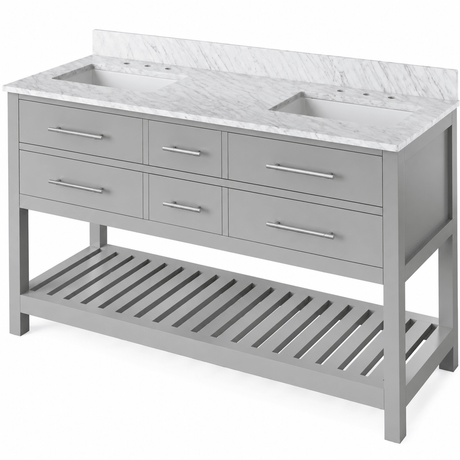 Jeffrey Alexander Wavecrest 60" Grey Double Sink Bathroom Vanity with White Carrara Marble Top - 8 in. Widespread Faucet Top