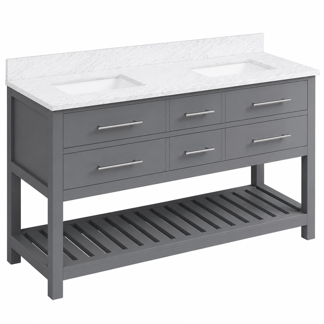 Jeffrey Alexander VKITWAV60GRWCR Wavecrest 60" Grey Double Sink Bathroom Vanity with White Carrara Marble Top