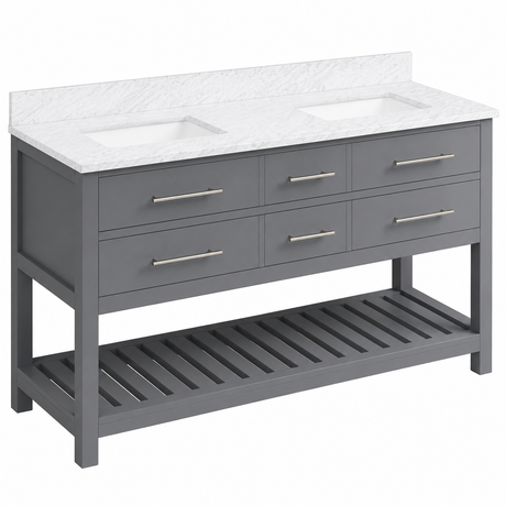 Jeffrey Alexander Wavecrest 60 inch grey double sink bathroom vanity with White Carrara marble top and open lower shelf