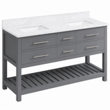 Jeffrey Alexander Wavecrest 60 inch grey double sink bathroom vanity with White Carrara marble top and open lower shelf