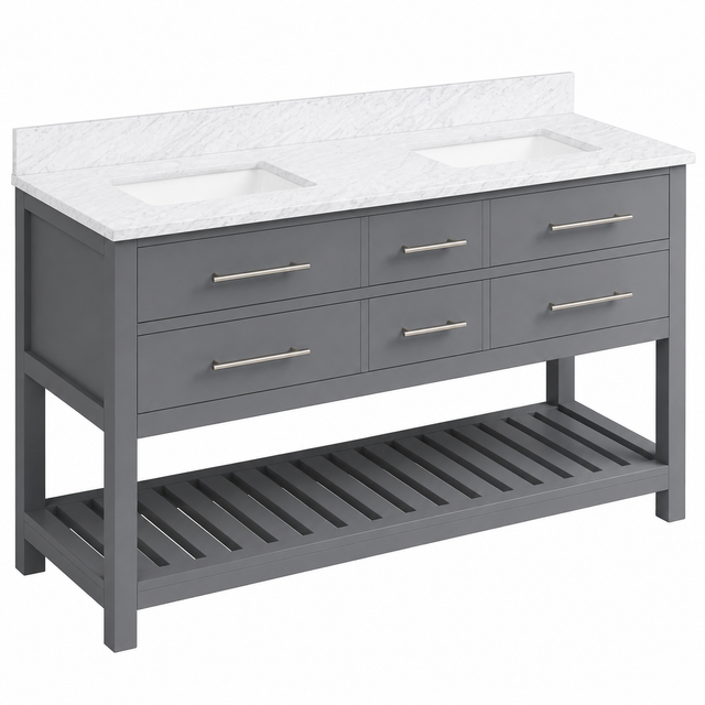 Jeffrey Alexander Wavecrest 60 inch grey double sink bathroom vanity with White Carrara marble top and open lower shelf