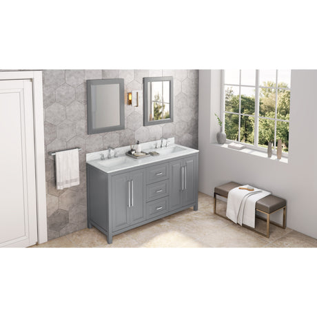 Jeffrey Alexander Cade 60" Grey Double Sink Bathroom Vanity with White Carrara Marble Top - 8 in. Widespread Faucet Top