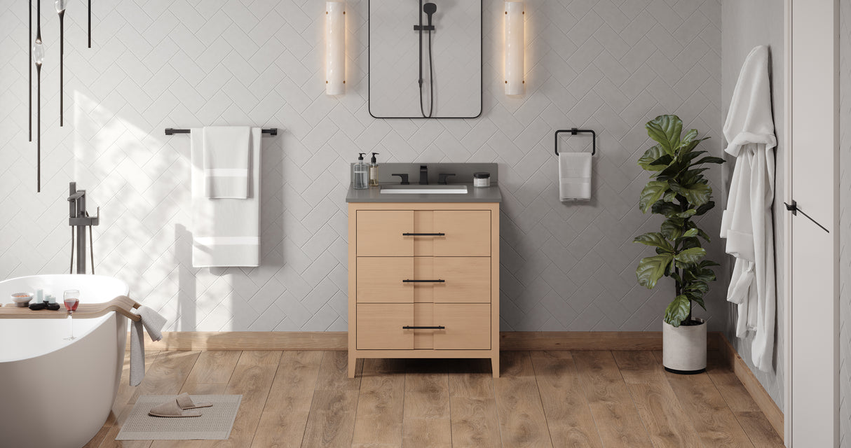 Jeffrey Alexander Katara 30" Natural Oak Single Sink Bathroom Vanity with Grey Quartz Top - 8 in. Widespread Faucet Top product image 6