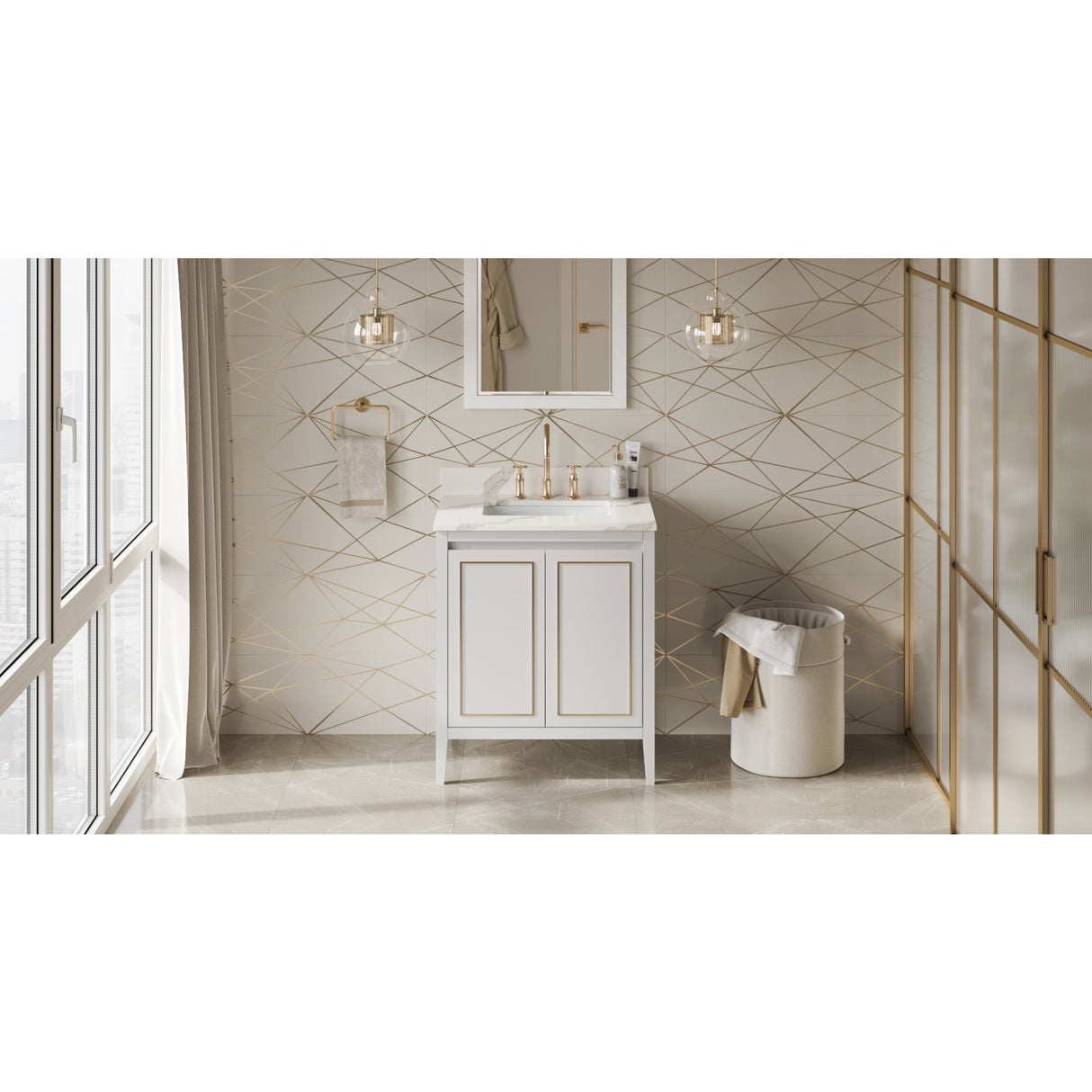 Jeffrey Alexander Percival 30" White Single Sink Bathroom Vanity with Calacatta Vienna Quartz Top - 8 in. Widespread Faucet Top