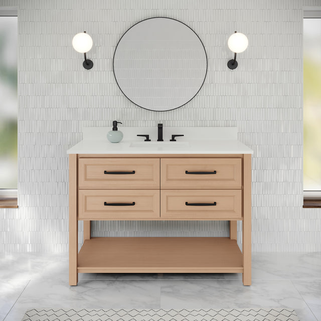 Jeffrey Alexander Kipling 49" Natural Oak Single Sink Bathroom Vanity with White Quartz Top - Single-Hole Faucet Top