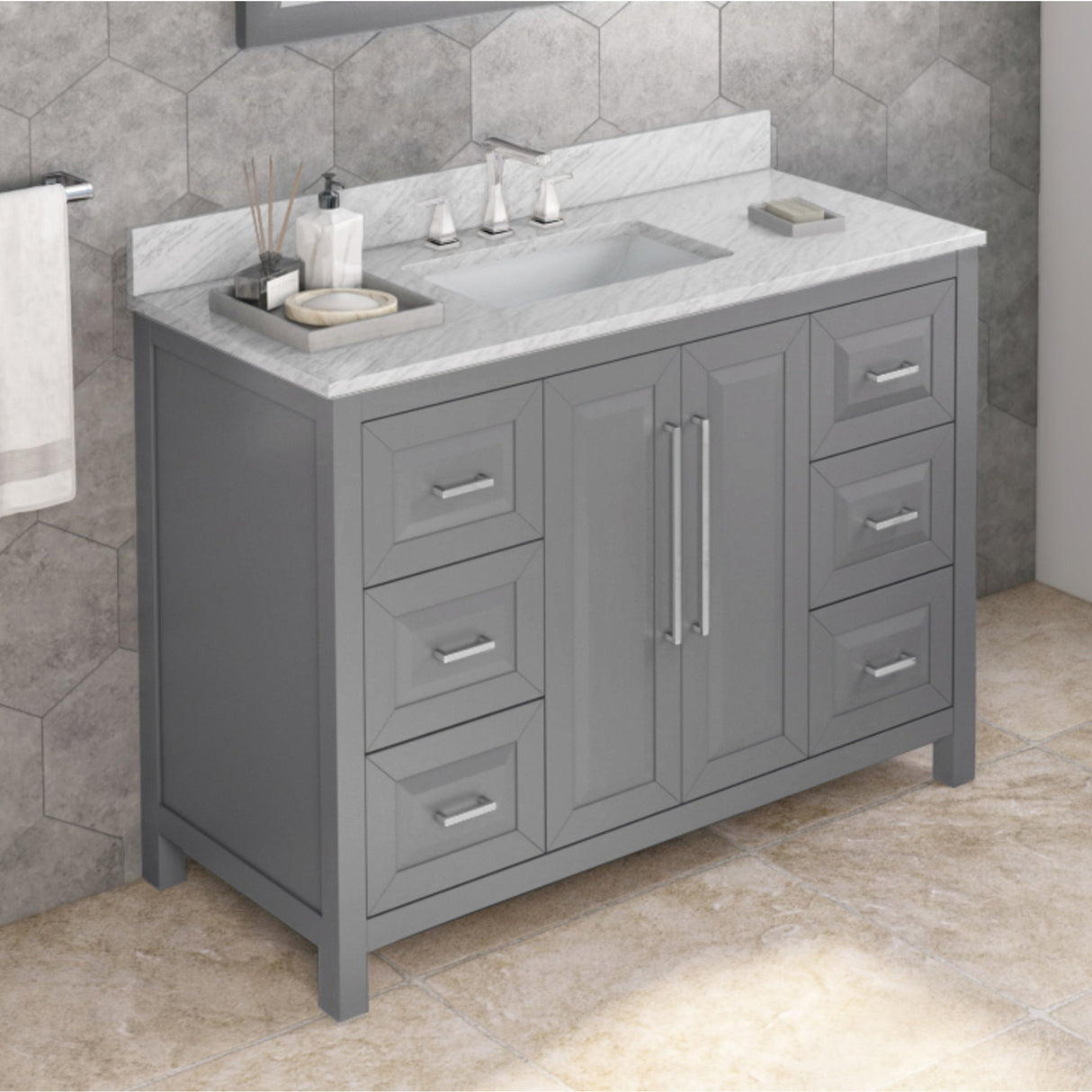 Jeffrey Alexander Cade 48" Grey Single Sink Bathroom Vanity with White Carrara Marble Top - 8 in. Widespread Faucet Top product image 2