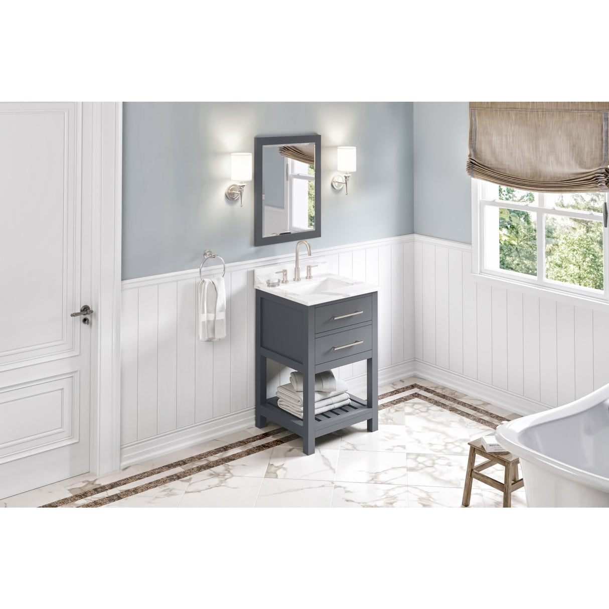 Jeffrey Alexander Wavecrest 24" Grey Single Sink Bathroom Vanity with Calacatta Vienna Quartz Top - 8 in. Widespread Faucet Top