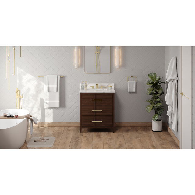 Jeffrey Alexander Katara 30" Dark Walnut Single Sink Bathroom Vanity with Calacatta Vienna Quartz Top - 8 in. Widespread Faucet Top