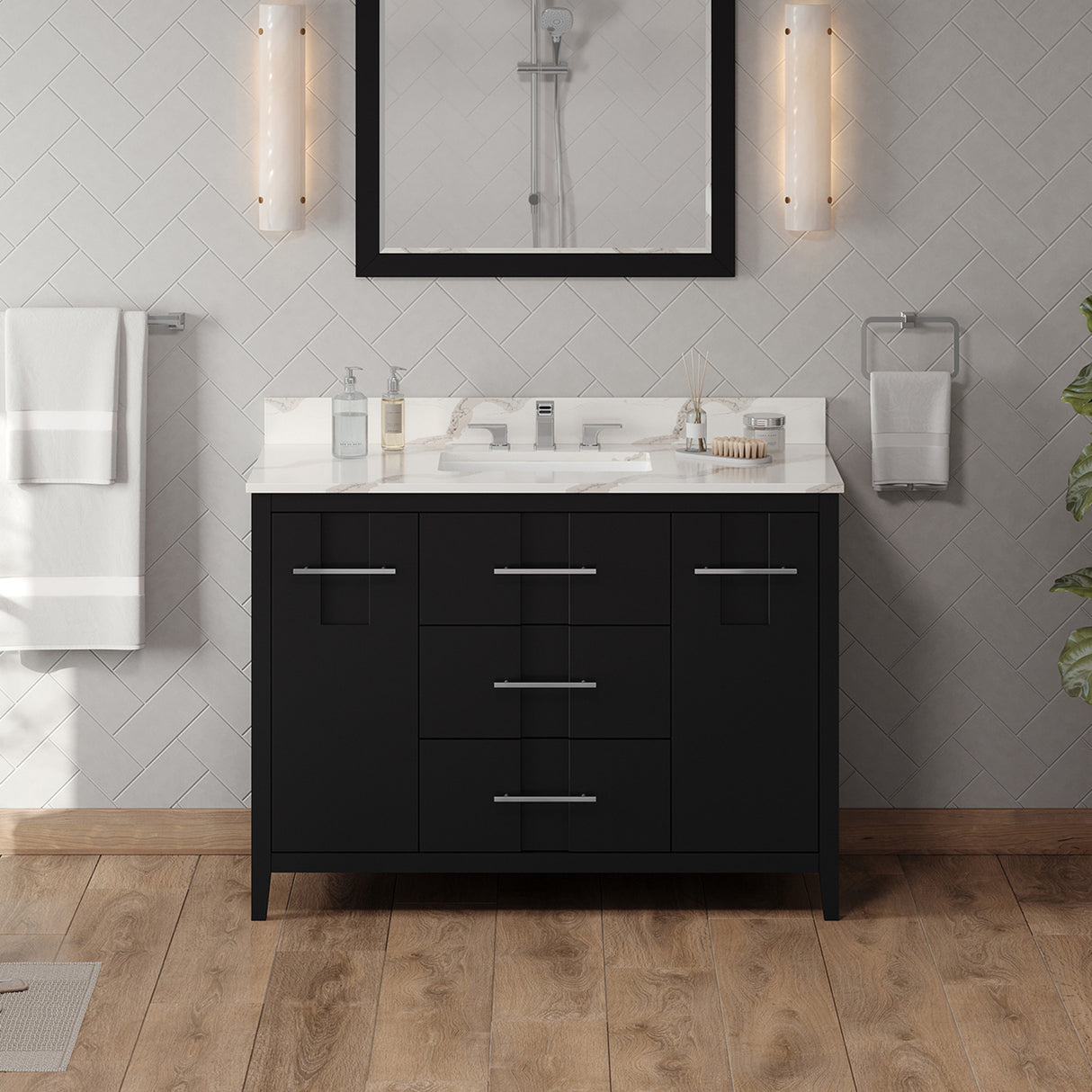Jeffrey Alexander Katara 48" Black Single Sink Bathroom Vanity with Calacatta Vienna Quartz Top - 8 in. Widespread Faucet Top product image 2