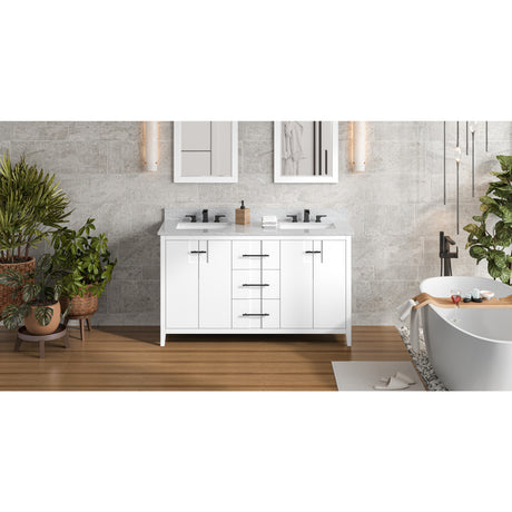 Jeffrey Alexander Katara 60" White Double Sink Bathroom Vanity with White Carrara Marble Top - 8 in. Widespread Faucet Top