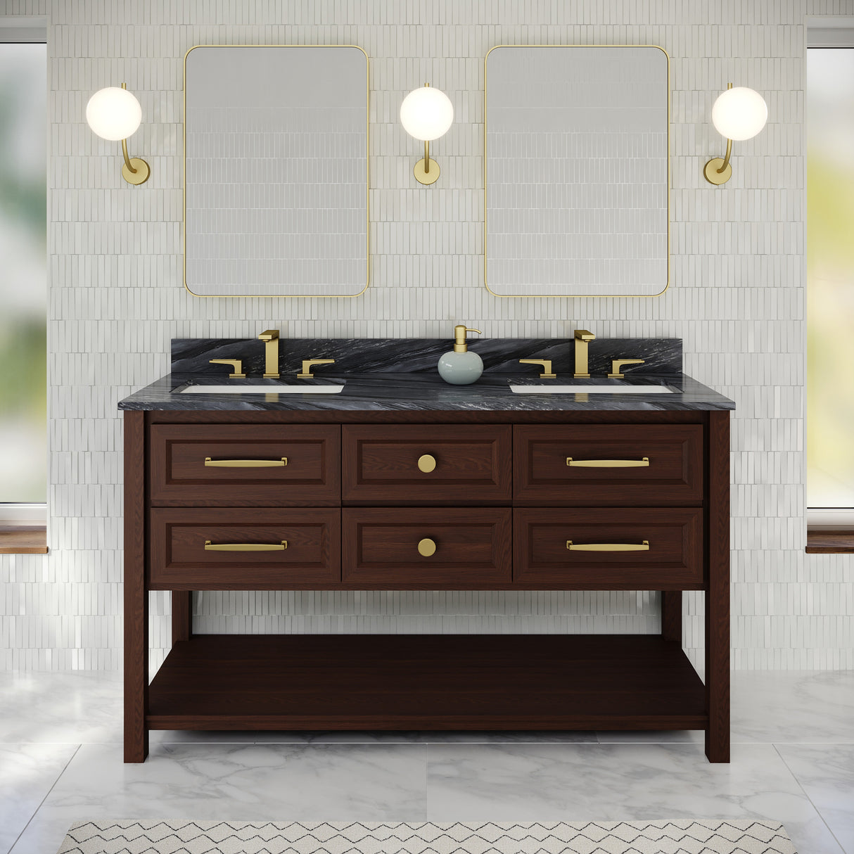 Jeffrey Alexander Kipling 60" Dark Walnut Double Sink Bathroom Vanity with Grey Marble Top - 8 in. Widespread Faucet Top