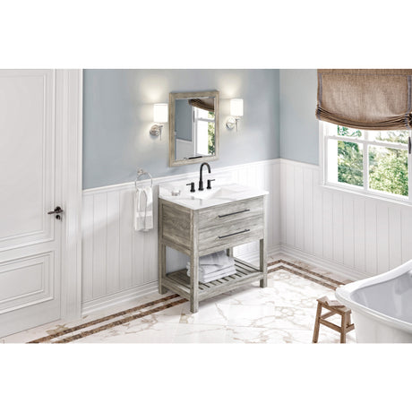 Jeffrey Alexander Wavecrest 36" Weathered Grey Single Sink Bathroom Vanity with Calacatta Vienna Quartz Top - 8 in. Widespread Faucet Top