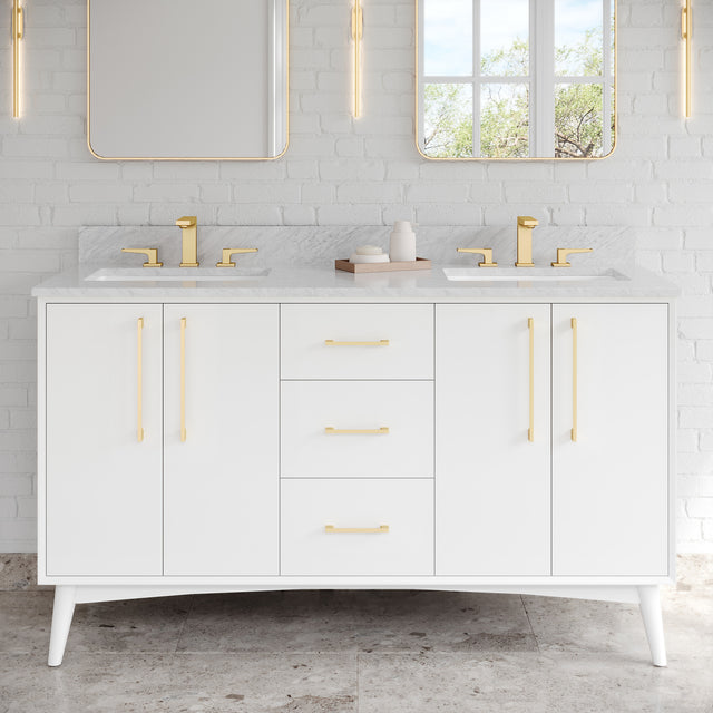 Jeffrey Alexander Dashwood 60" White Double Sink Bathroom Vanity with White Carrara Marble Top - 8 in. Widespread Faucet Top