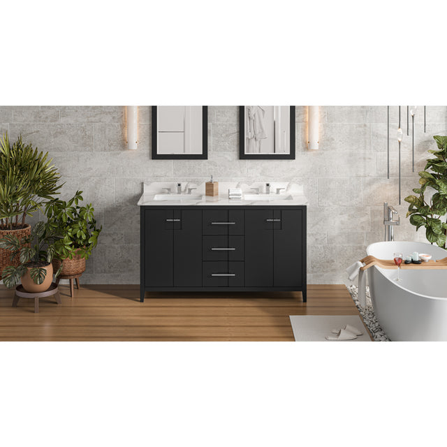 Jeffrey Alexander Katara 60" Black Double Sink Bathroom Vanity with Calacatta Vienna Quartz Top - 8 in. Widespread Faucet Top