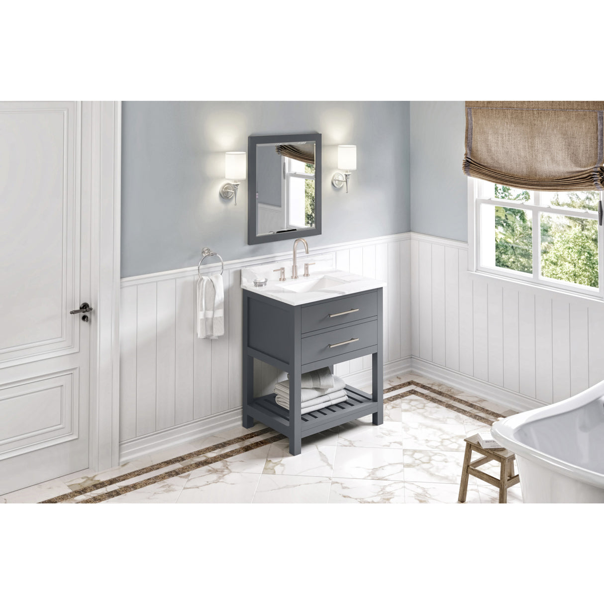Jeffrey Alexander Wavecrest 30" Grey Single Sink Bathroom Vanity with Calacatta Vienna Quartz Top - 8 in. Widespread Faucet Top