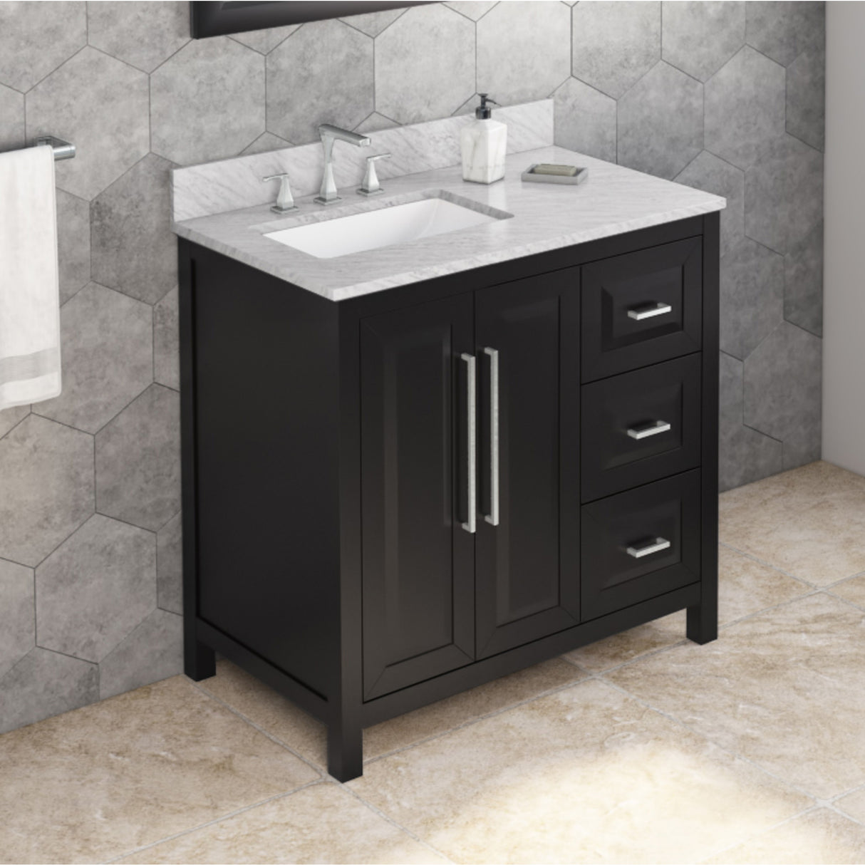 Jeffrey Alexander Cade 36" Black Single Sink Bathroom Vanity with White Carrara Marble Top - 8 in. Widespread Faucet Top product image 2