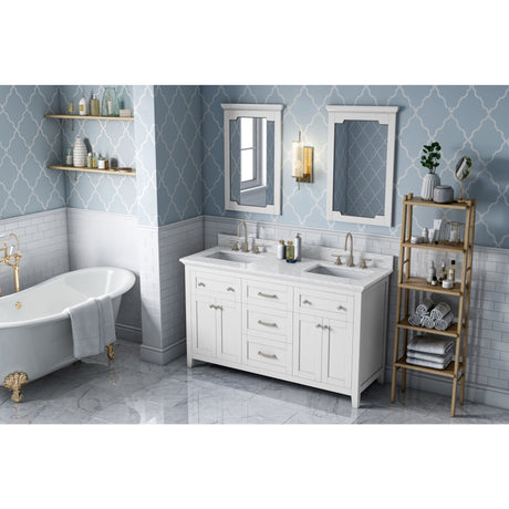 Jeffrey Alexander Chatham 60" White Double Sink Bathroom Vanity with White Carrara Marble Top - 8 in. Widespread Faucet Top - VKITCHA60WHWCR