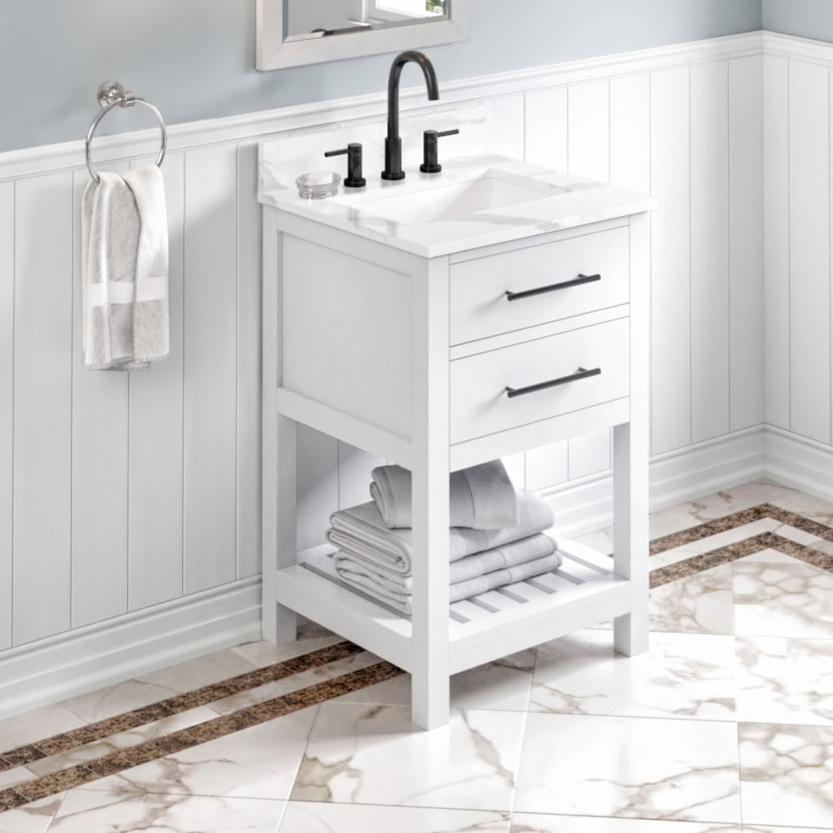 Jeffrey Alexander Wavecrest 24" White Single Sink Bathroom Vanity with Calacatta Vienna Quartz Top - 8 in. Widespread Faucet Top product image 2