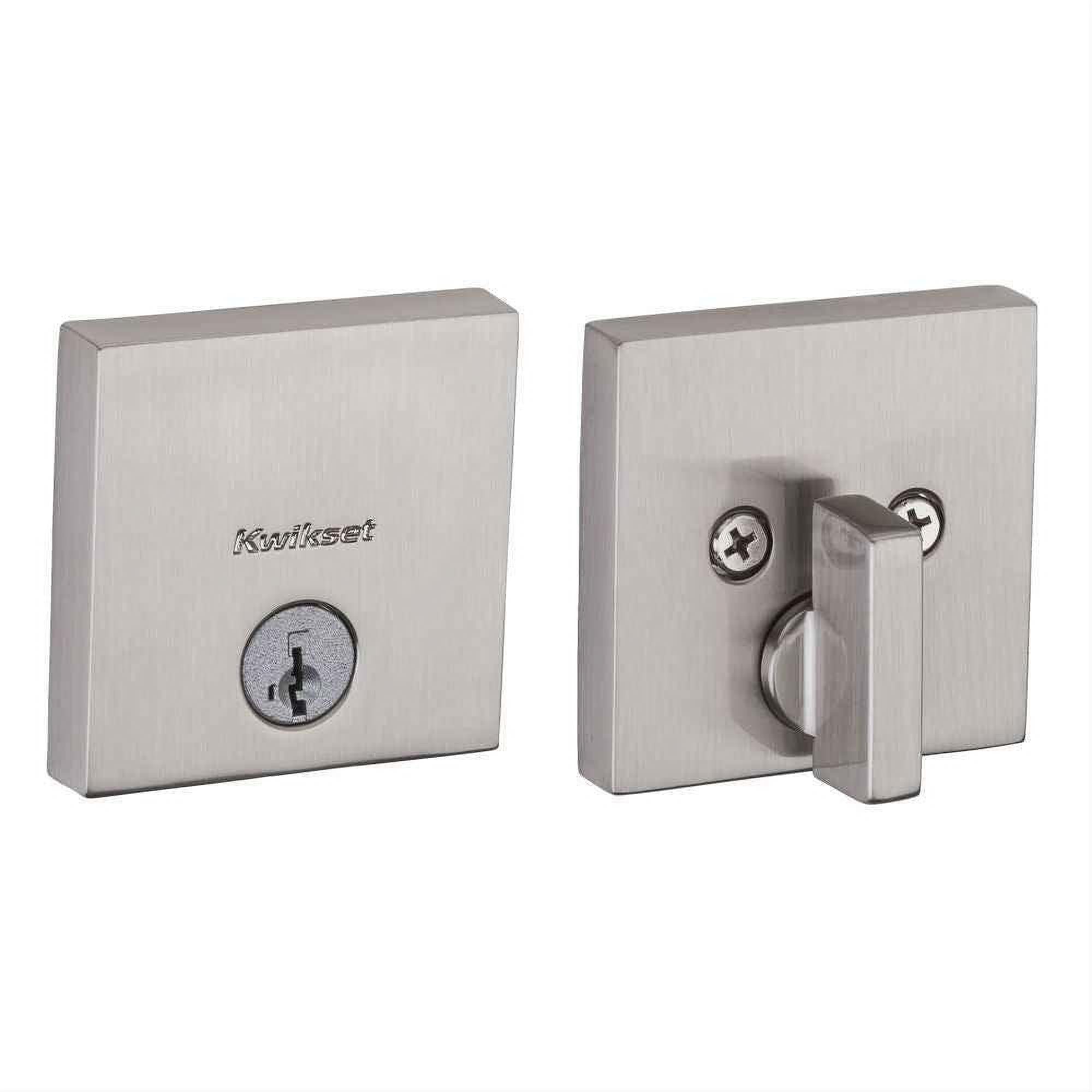 Kwikset 258SQT-15S.STRKP Downtown Square Contemporary Low Profile Single Cylinder SmartKey Deadbolt with 6AL Latch and STRKP Strike Pack which includes Square Corner, Round Corner and 5303 Round Corner Full Lip Strikes KA3 Satin Nickel