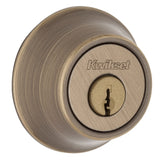 Kwikset 660-5.STRKP single cylinder deadbolt in Antique Brass with conventional pin-tumbler cylinder