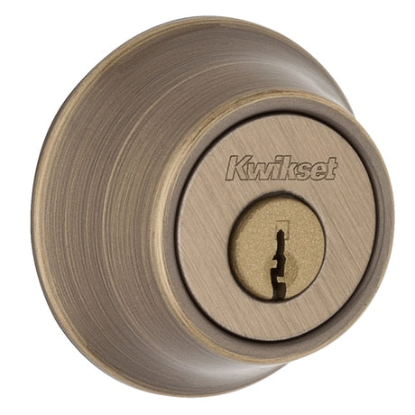 Kwikset 660-5.STRKP single cylinder deadbolt in Antique Brass with conventional pin-tumbler cylinder