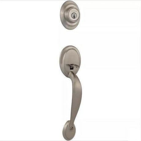 Kwikset 687DALIP-3 Dakota Single Cylinder Exterior Handleset SmartKey with 6AL Latch and STRKP Strike Pack which includes Square Corner; Round Corner and 5303 Round Corner Full Lip Strikes Polished Brass