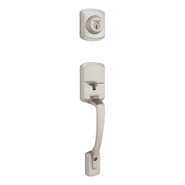 Kwikset 687HYHLIP-15S.STRKP Henley Single Cylinder Exterior Handleset SmartKey with 6AL Latch and STRKP Strike Pack which includes Square Corner; Round Corner and 5303 Round Corner Full Lip Strikes Satin Nickel