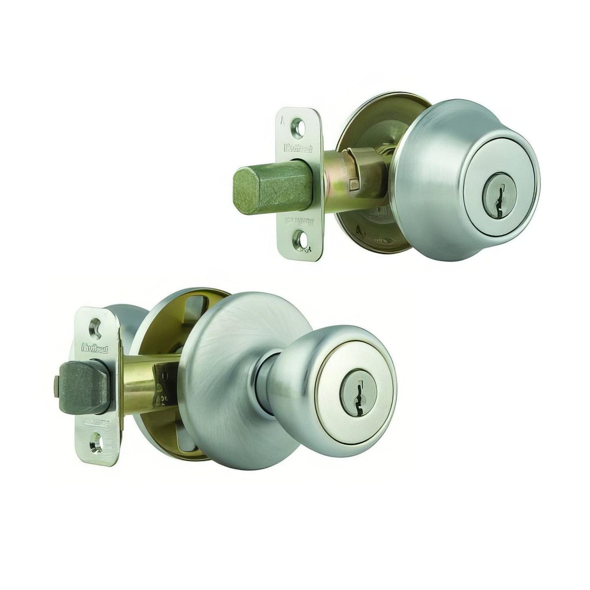 Kwikset 690T-3S.STRKP Combo Keyed Entry Tylo Knob with Single Cylinder Deadbolt SmartKey with 6AL Latch and STRKP Strike Pack which includes Square Corner; Round Corner and 5303 Round Corner Full Lip Strikes Bright Brass