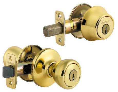 Kwikset 690T Combo Keyed Entry Tylo Knob with Single Cylinder Deadbolt SmartKey with 6AL Latch and STRKP Strike Pack which includes Square Corner; Round Corner and 5303 Round Corner Full Lip Strikes