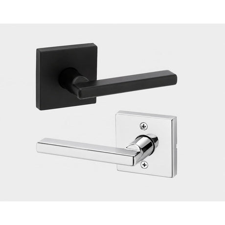 Kwikset 720HFLSQT-514X26 Halifax Lever with Square Rose Passage Door Lock and RCS Strike Matte Black / Bright Chrome