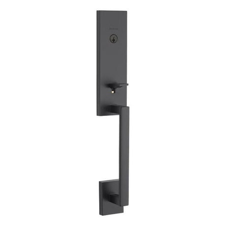 Kwikset Vancouver single cylinder keyed entry exterior handleset with SmartKey and strike pack in matte black
