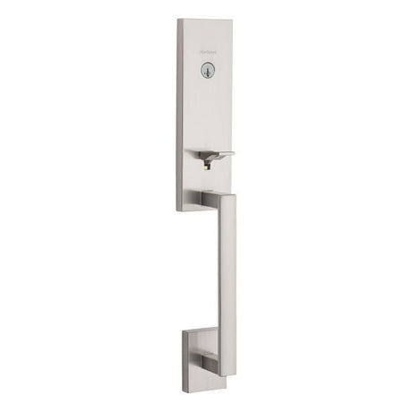 Kwikset Vancouver single cylinder keyed entry exterior handleset with SmartKey and strike pack in satin nickel