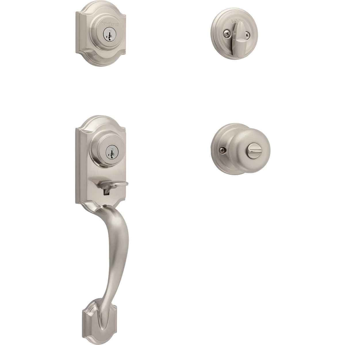 Kwikset CP553MNHJ-15S Clear Pack Montara Single Cylinder Handleset with Juno Knob Trim SmartKey with RCAL Latch and RCS Strike Satin Nickel