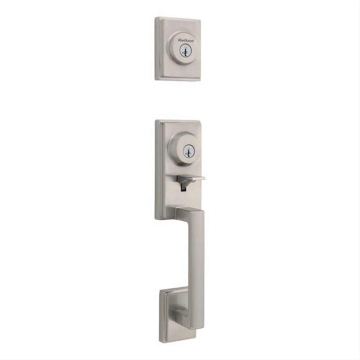 Kwikset CP553PRHXHFLSQT-15S Clear Pack Peralta Single Cylinder 2 Point Handleset with Halifax Lever and Square Rose Interior Trim SmartKey with 4AL Latch and RCS Strike Satin Nickel