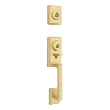 Kwikset CP553PRHXHFLSQT-4S Clear Pack Peralta Single Cylinder 2 Point Handleset with Halifax Lever and Square Rose Interior Trim SmartKey with 4AL Latch and RCS Strike Satin Brass