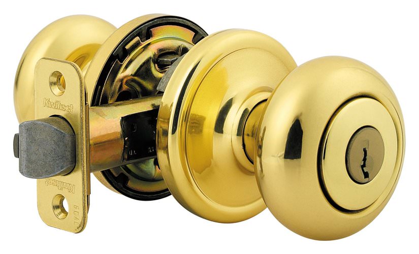 Kwikset 744H-3S polished brass keyed classroom door knob