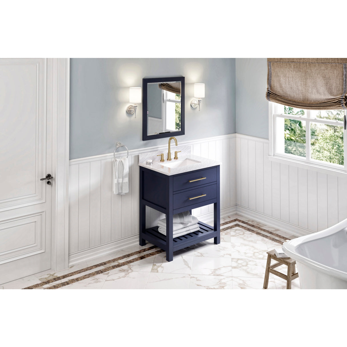 Jeffrey Alexander Wavecrest 30" Hale Blue Single Sink Bathroom Vanity with White Carrara Marble Top - 8 in. Widespread Faucet Top