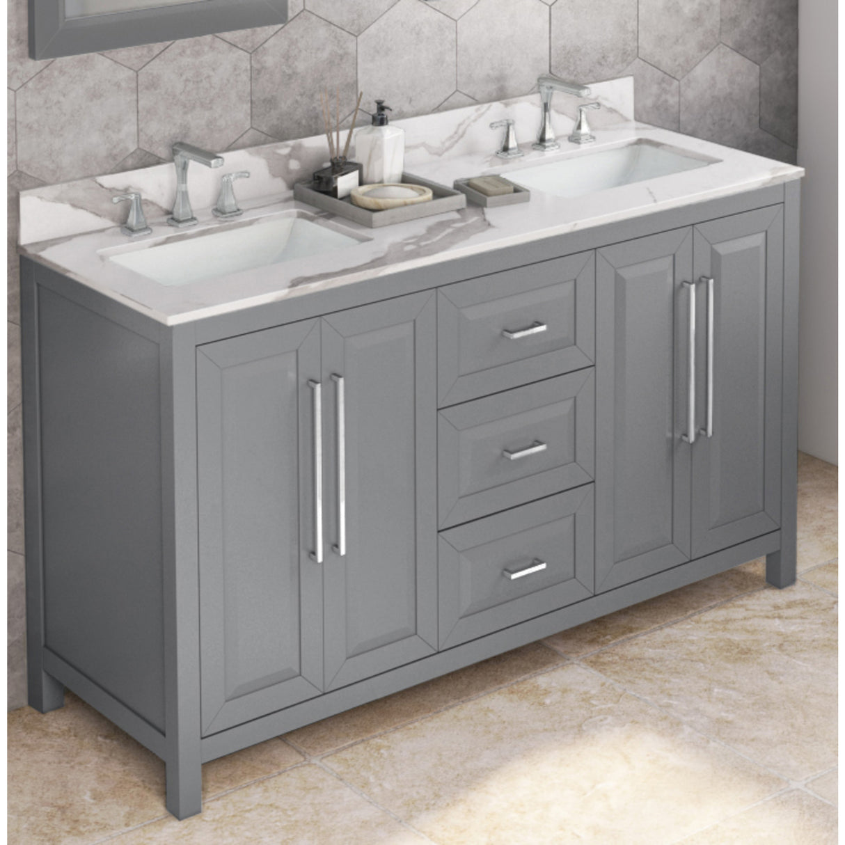 Jeffrey Alexander Cade 60" Grey Double Sink Bathroom Vanity with Calacatta Vienna Quartz Top - 8 in. Widespread Faucet Top product image 2