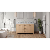 Jeffrey Alexander Katara 60" Natural Oak Double Sink Bathroom Vanity with White Carrara Marble Top - 8 in. Widespread Faucet Top