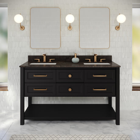 Jeffrey Alexander Kipling 60" Black Double Sink Bathroom Vanity with Blue Limestone Top - 8 in. Widespread Faucet Top