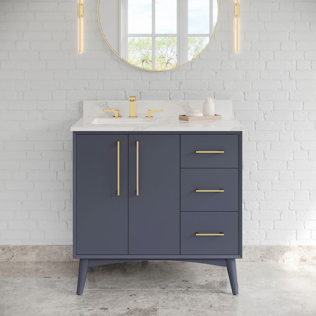 Jeffrey Alexander Dashwood Blue Steel Single Sink Bathroom Vanity with Calacatta Vienna Quartz Top - 8 in. Widespread Faucet Top - VKITDAS36BSCQR