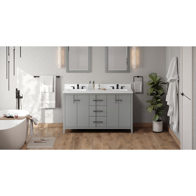 Jeffrey Alexander Katara 60" Grey Double Sink Bathroom Vanity with White Quartz Top - 8 in. Widespread Faucet Top