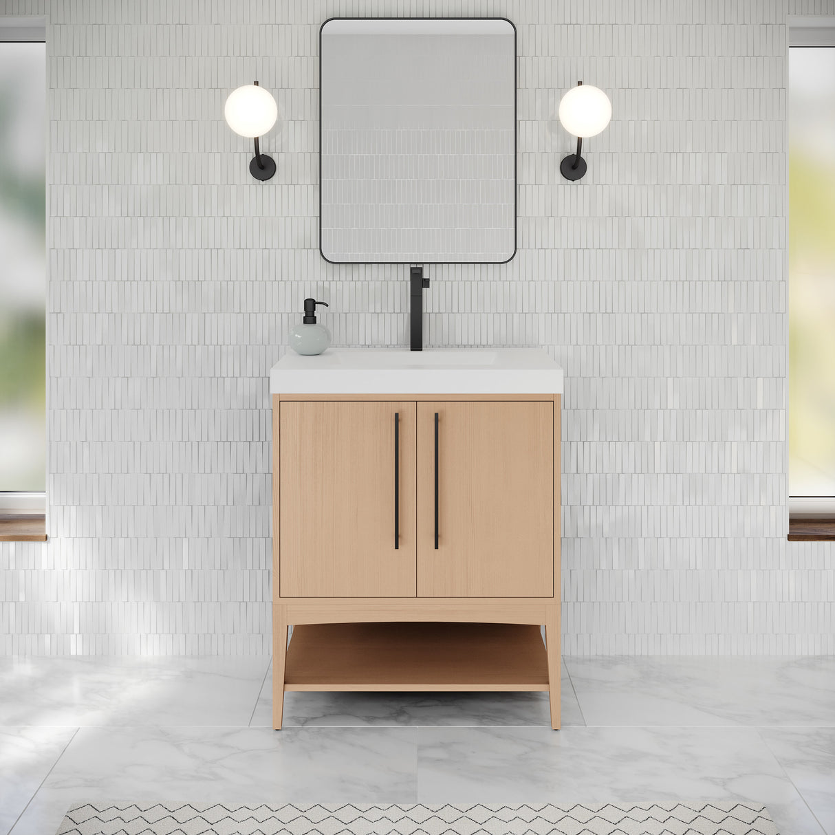 Jeffrey Alexander Tempest 30" Natural Oak Single Sink Bathroom Vanity with White Resin Top - Single-Hole Faucet Top - VKTEM30NOWDNORE product image 2